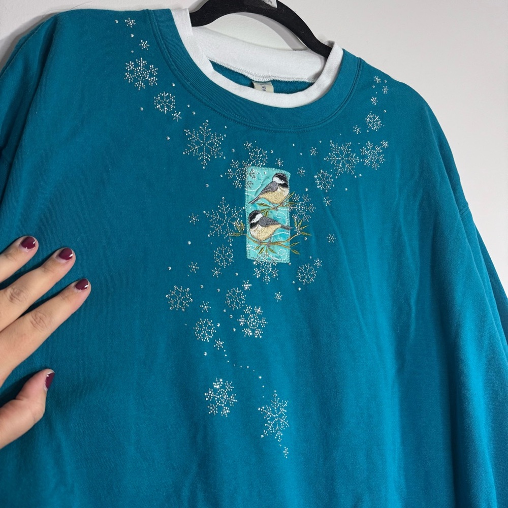 Morning Sun Chickadee Snowflake Sweatshirt Teal Embroidered 2X